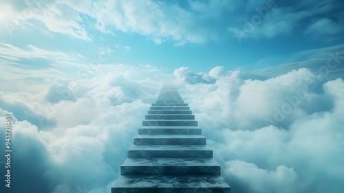 Staircase leading up to the clouds symbolizing elevation growth and The minimalist dreamlike scene provides ample copy space for various concepts and messages