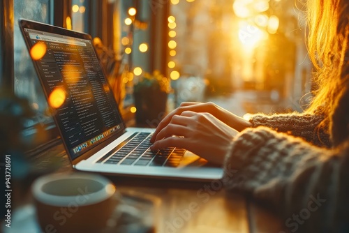 Hands typing on a laptop in a cozy, warmly-lit cafe setting with a cup of coffee nearby on a wooden table, perfect for depicting remote work, freelancing, or online studying concepts,