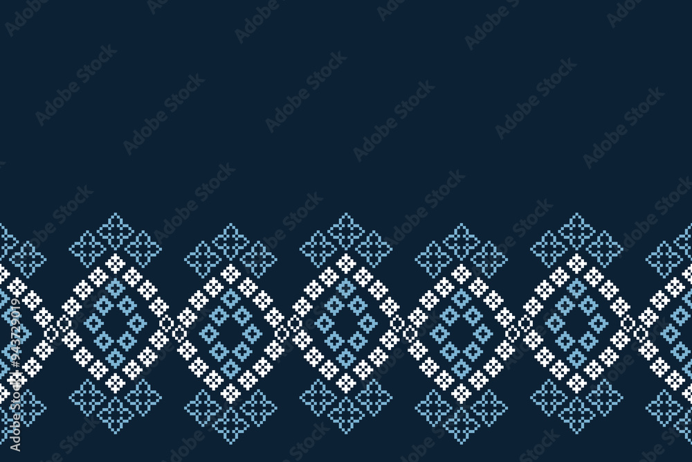 Traditional ethnic motifs ikat geometric fabric pattern cross stitch.Ikat embroidery Ethnic oriental Pixel blue background.Abstract,vector,illustration. Texture,decoration,wallpaper. Traditional ethnic motifs ikat geometric fabric pattern cross stitch.Ikat embroidery Ethnic oriental Pixel blue background.Abstract,vector,illustration. Texture,decoration,wallpaper.