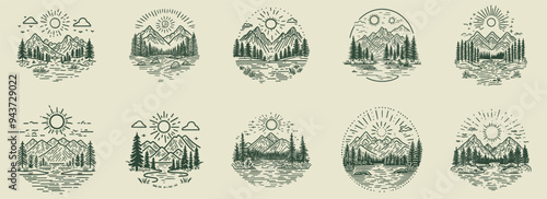 Set of line art outdoor logo depicting mountains, trees, a sun, and a river. vector illustration suitable for a nature campers club t-shirt or other merchandise.