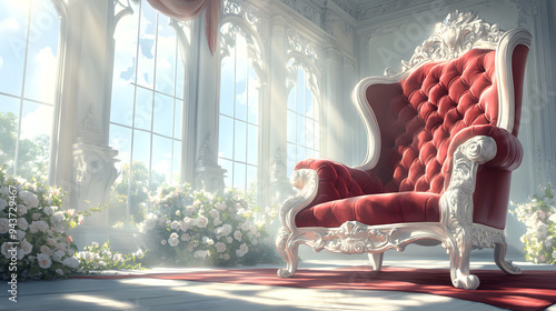 Gothic throne red velvet cushions shadowy corners photo