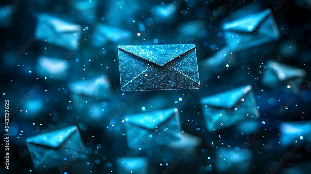 Abstract blue email envelopes with bokeh lights create a digital-themed ...