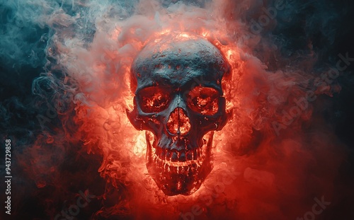 Halloween-themed image featuring a human skull surrounded by red smoke on a black background, ideal for horror events or anti-smoking campaigns with copy space.