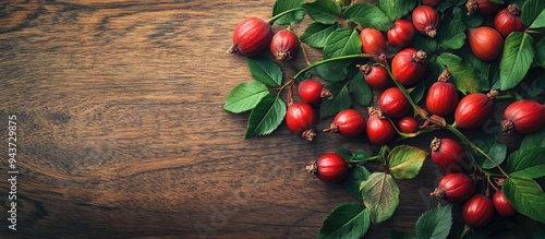 Ripe rose hip berries along...