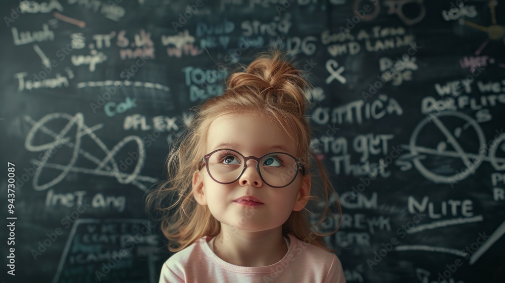 A young girl with glasses is looking at a chalkboard with various equations A young girl with glasses is looking at a chalkboard with various equations
