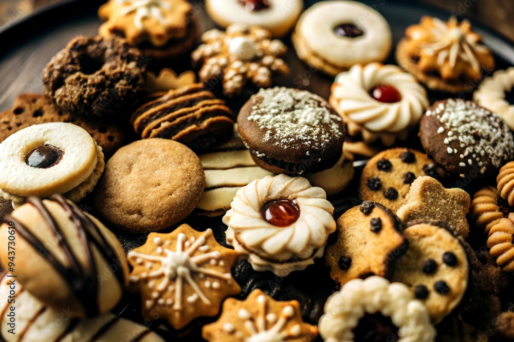 Chocolate biscuits and two cups of cappuccino Selection of sweet foods Chocolate biscuits and two cups of cappuccino Selection of sweet foods