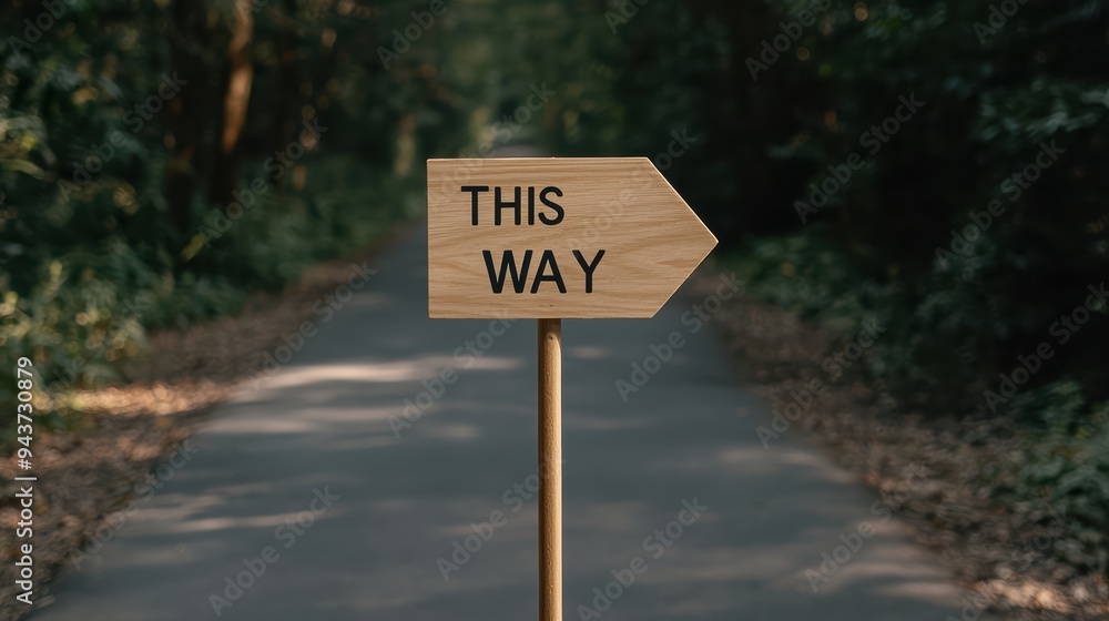 Wooden sign pointing way on forest path, inviting exploration and adventure. Wooden sign pointing way on forest path, inviting exploration and adventure.