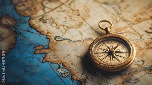 A compass lying atop a geographic map symbolizing the importance of direction navigation and guidance for embarking on exploratory journeys and adventures