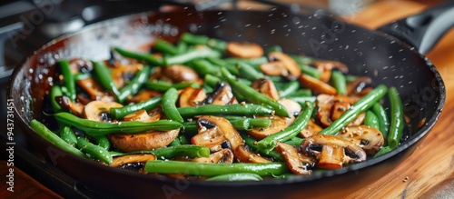 Frying pan with deliciously cooked mushrooms and green beans on the table. with copy space image. Place for adding text or design photo