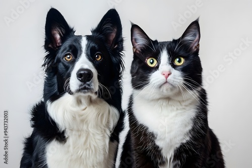 A Border Collie Dog and a Black and White Cat Posed Together in a Minimalist Studio Setting with a Light Background. Pet-Related Marketing. veterinary, pet shop banner