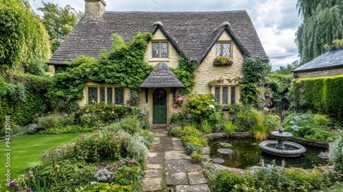 Charming Cottage with a Pond and Stone Pathway