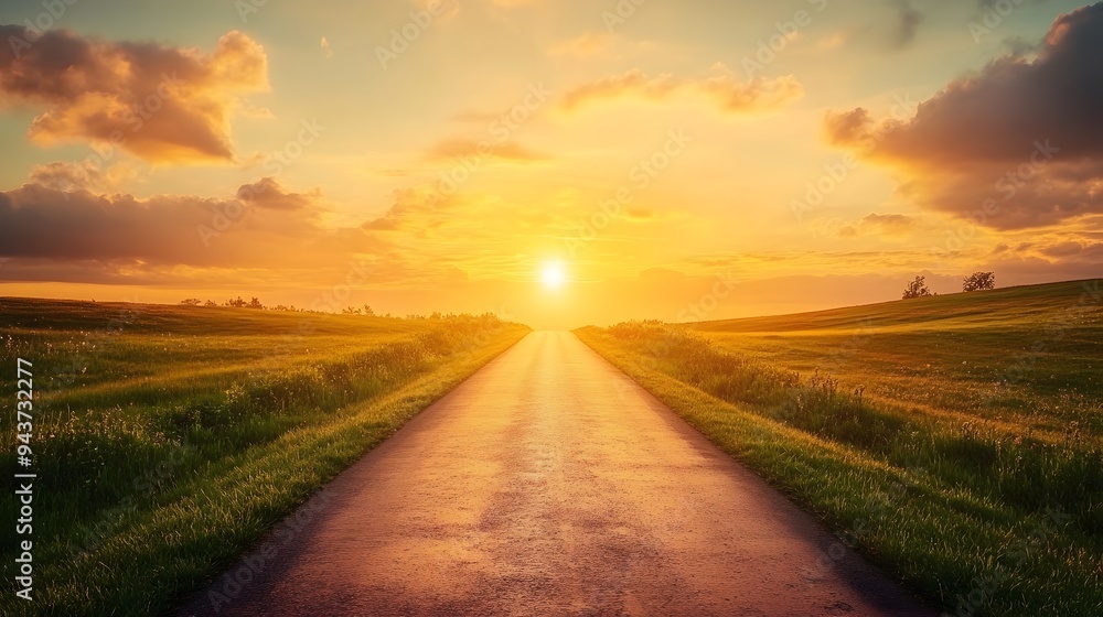 A road disappearing into the vibrant sunset symbolizing a sense of closure transition and new opportunities with ample copy space for text overlay A road disappearing into the vibrant sunset symbolizing a sense of closure transition and new opportunities with ample copy space for text overlay