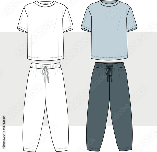 mens round neck t shirt and drawstring waist long pant flat sketch vector illustration casual outfit set technical cad drawing template