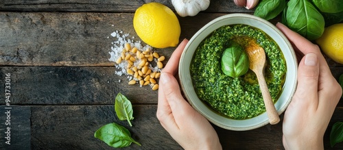 Woman s hands preparing Italian pesto in a bowl Ingredients include basil lemon parmesan pine nuts garlic olive oil and salt on a rustic wooden surface Top view flat lay copyspace photo