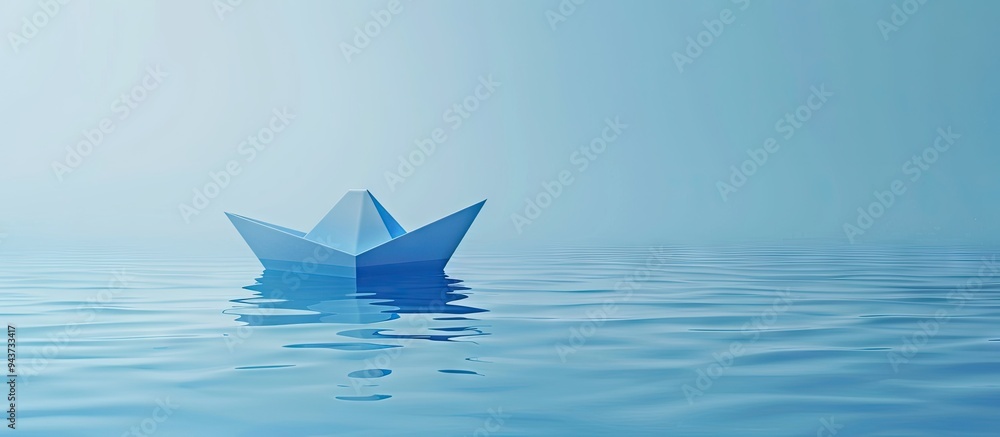 Single blue paper boat on a white background. with copy space image. Place for adding text or design Single blue paper boat on a white background. with copy space image. Place for adding text or design