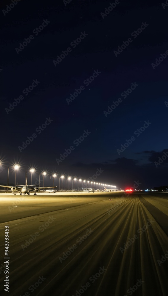Nighttime airport scene with runway lights Nighttime airport scene with runway lights