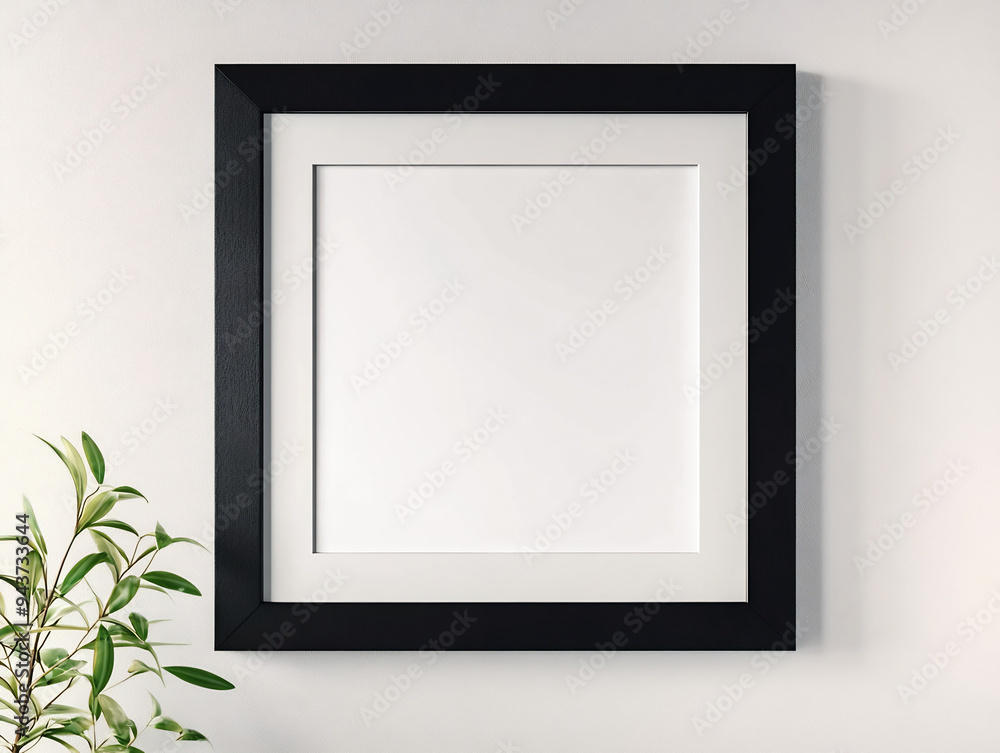 A blank black frame with is hanging on the wall A blank black frame with is hanging on the wall
