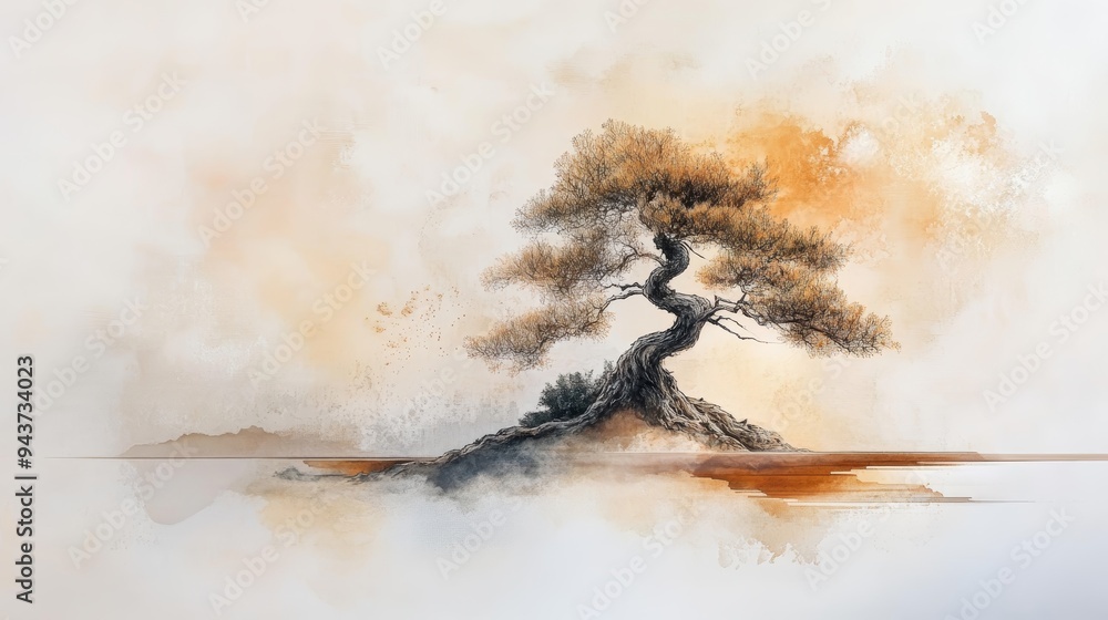 Fototapeta premium Artistic depiction of a solitary tree in a serene landscape, blending nature's beauty with soft, warm colors.