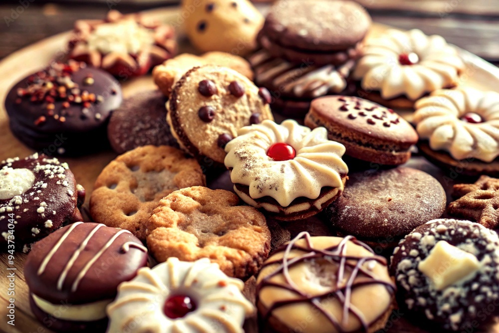 Chocolate biscuits and two cups of cappuccino Selection of sweet foods Chocolate biscuits and two cups of cappuccino Selection of sweet foods