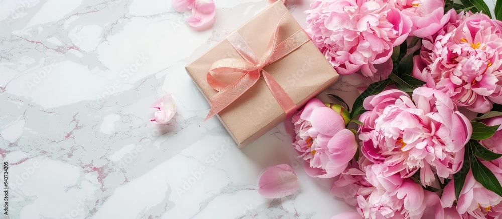Background featuring pink peonies and gift boxes on a marble surface. with copy space image. Place for adding text or design Background featuring pink peonies and gift boxes on a marble surface. with copy space image. Place for adding text or design