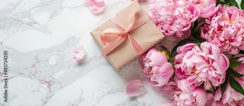 Fototapeta Naklejka Na Ścianę i Meble -  Background featuring pink peonies and gift boxes on a marble surface. with copy space image. Place for adding text or design