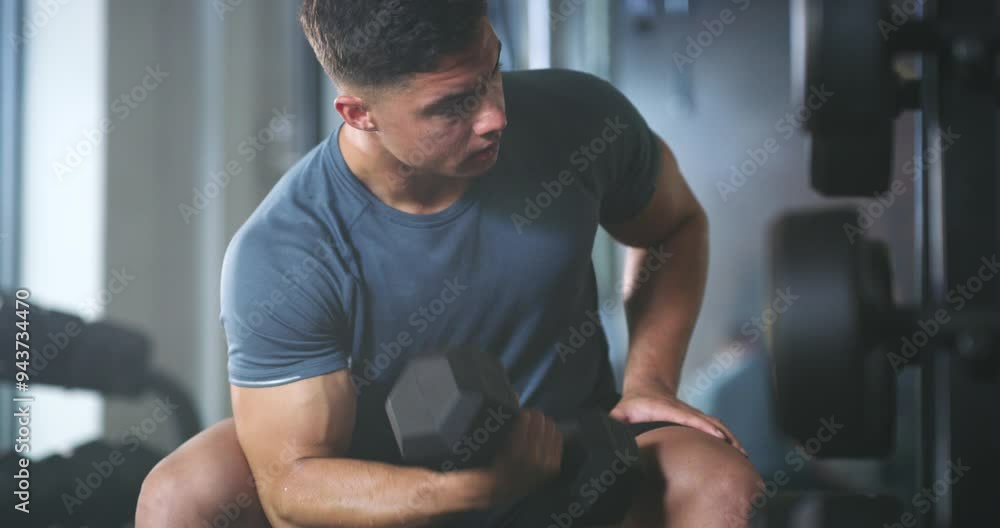 Bodybuilder, man and dumbbell arm workout, strength development and weight lifting equipment in fitness center. Sports dedication, gym club commitment and athlete muscle, wellness and body building