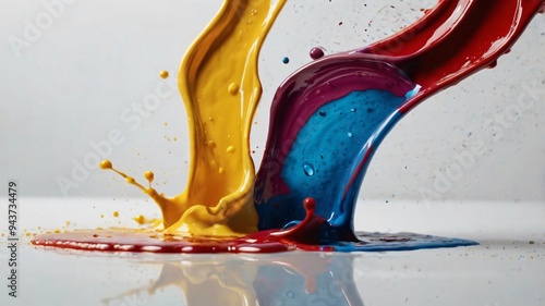 Brightly colored splashes of yellow, blue, and red paint collide on a smooth surface, creating dynamic shapes that evoke creativity and energy in an artistic display photo