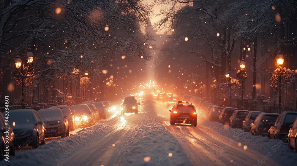A serene winter scene on an urban street at twilight with cars covered in fresh snow, illuminated by glowing headlights and street lamps as gentle snowflakes fall. A serene winter scene on an urban street at twilight with cars covered in fresh snow, illuminated by glowing headlights and street lamps as gentle snowflakes fall.