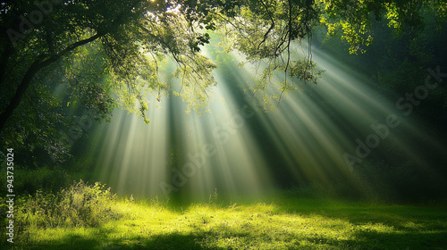 Epic sunlight beams through the lush green forest, creating a mesmerizing play of light and shadow, a serene moment capturing the breathtaking beauty of nature in its most peaceful and untouched form