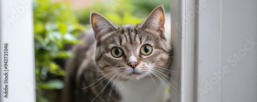 A cat exploring the garden through an open door, blending indoor and outdoor life in a safe and cozy home, garden exploration, indoor-outdoor cat, home freedom photo