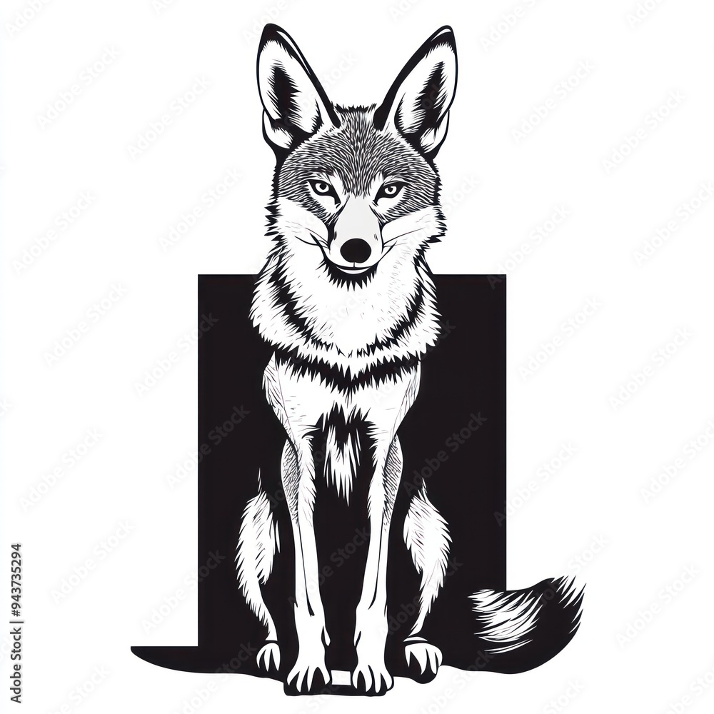 Naklejka premium A stylized illustration of a sitting fox with a bold black background.