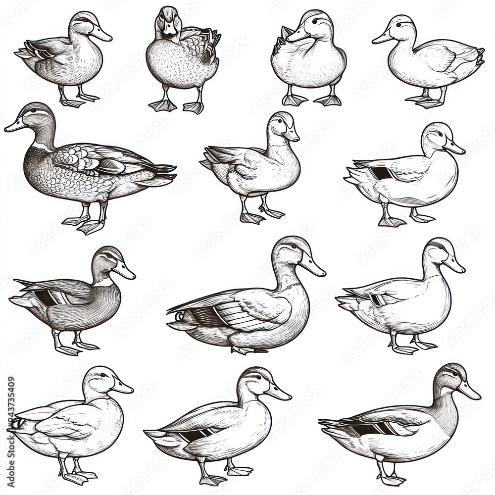 A collection of illustrated ducks in various poses and styles. A collection of illustrated ducks in various poses and styles.