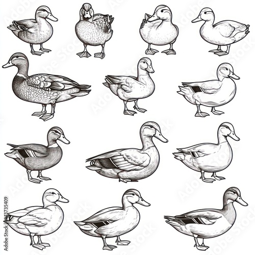 A collection of illustrated ducks in various poses and styles.