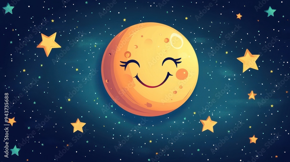 Cute Cartoon Moon with Smiling Face in Night Sky with Stars - Illustration. Cute Cartoon Moon with Smiling Face in Night Sky with Stars - Illustration.
