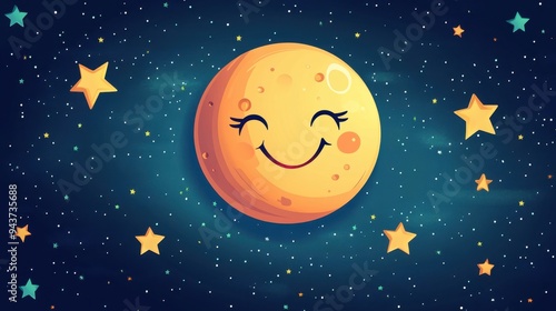 Cute Cartoon Moon with Smiling Face in Night Sky with Stars - Illustration.