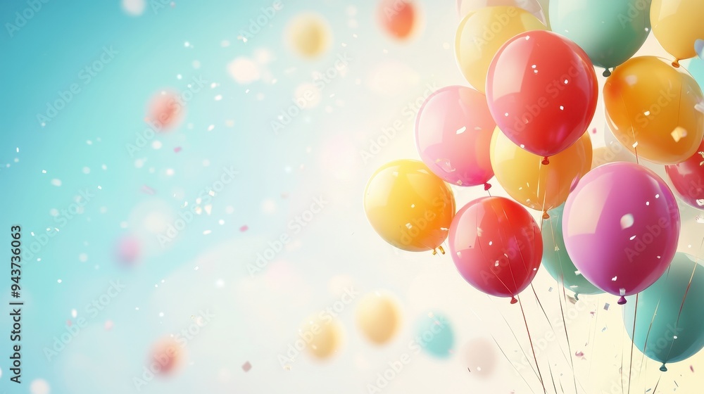 Colorful Balloons Floating in Blue Sky with Confetti for Celebration or Birthday Party Background Colorful Balloons Floating in Blue Sky with Confetti for Celebration or Birthday Party Background