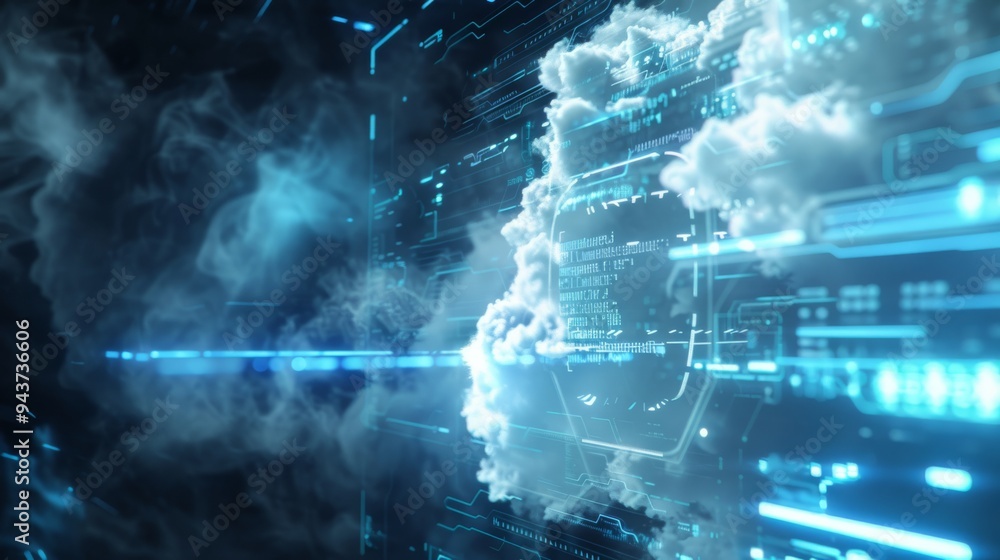 Obraz premium Digital cloud computing interface with holographic elements