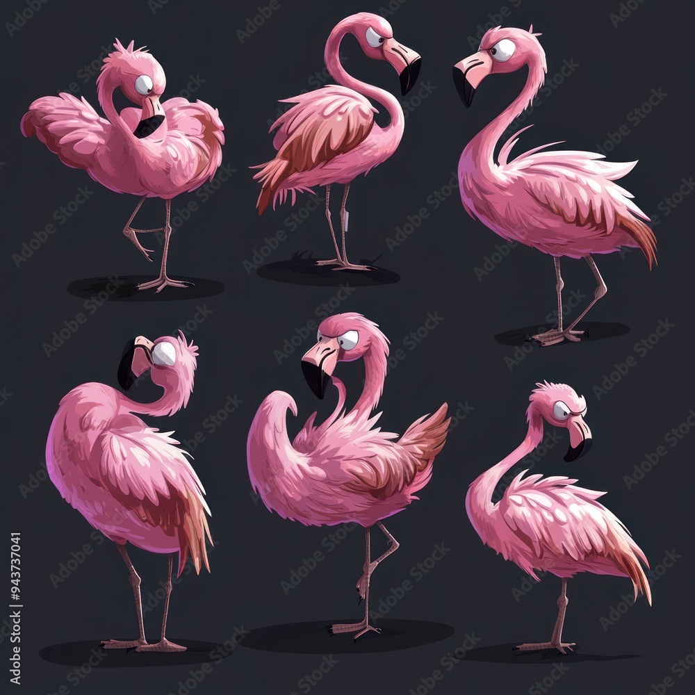 Obraz premium A collection of stylized pink flamingo illustrations in various poses.