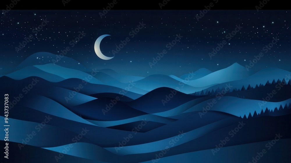 Abstract Night Sky with Crescent Moon and Starry Sky Over Blue Mountains Abstract Night Sky with Crescent Moon and Starry Sky Over Blue Mountains