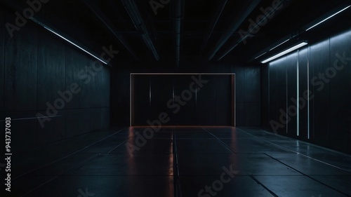 The interior features a stark, dark environment accented by faint linear lighting, emphasizing minimalism and depth. The space is empty, evoking a sense of tranquility and mystery