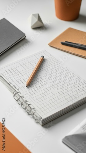 A neat workspace showcases a blank notebook, a pencil, and complementary stationery, emphasizing a minimalist back to school theme photo