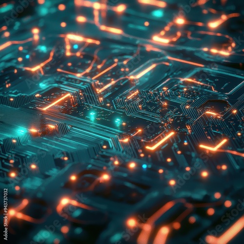 Abstract Circuit Board with Glowing Lines and Dots - Technology Background.