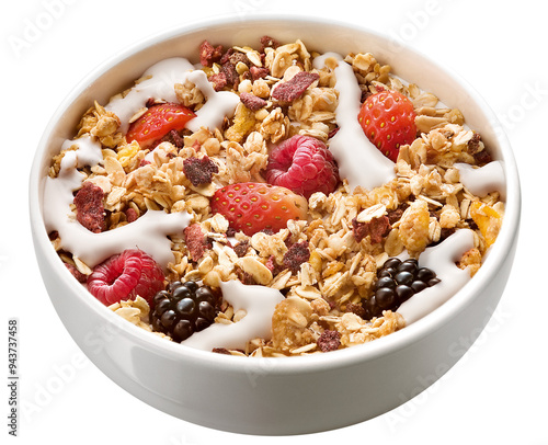 pote com cereal matinal com iogurte, morango, amora e framboesa isolado em fundo transparente