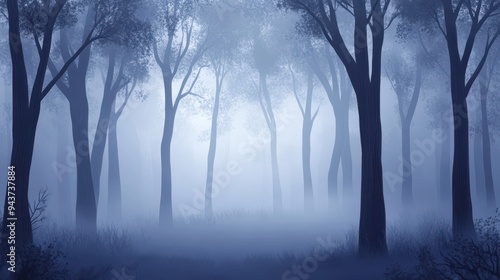 Mystical Foggy Forest Landscape with Silhouetted Trees