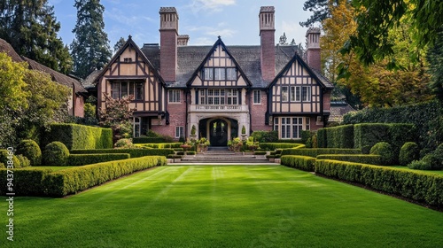 A large Tudor-style house with meticulously manicured gardens.