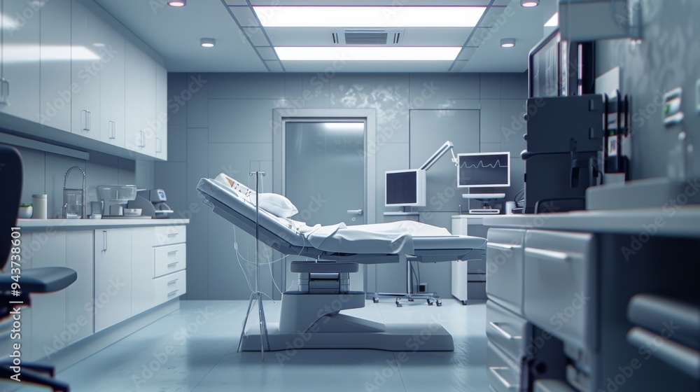 Examination room in a medical clinic with a patient bed, medical tools, and bright lighting Examination room in a medical clinic with a patient bed, medical tools, and bright lighting