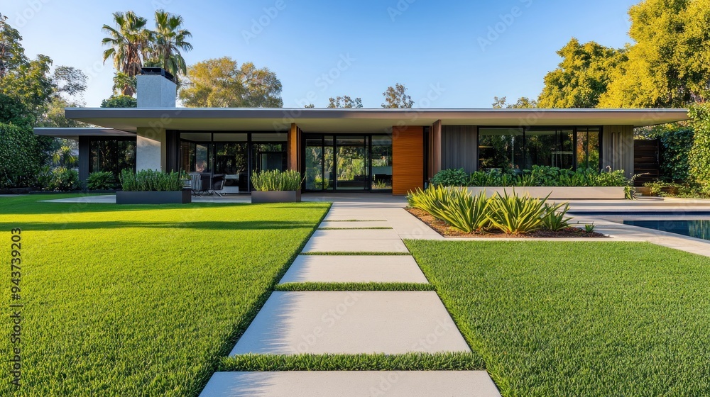Modern House with Green Lawn and Walkway Modern House with Green Lawn and Walkway