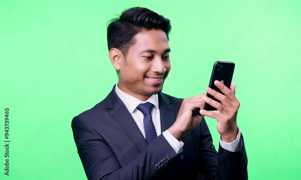 Man in Suit Using Phone, Smiling and Looking at Screen, Happy Expression Man in Suit Using Phone, Smiling and Looking at Screen, Happy Expression