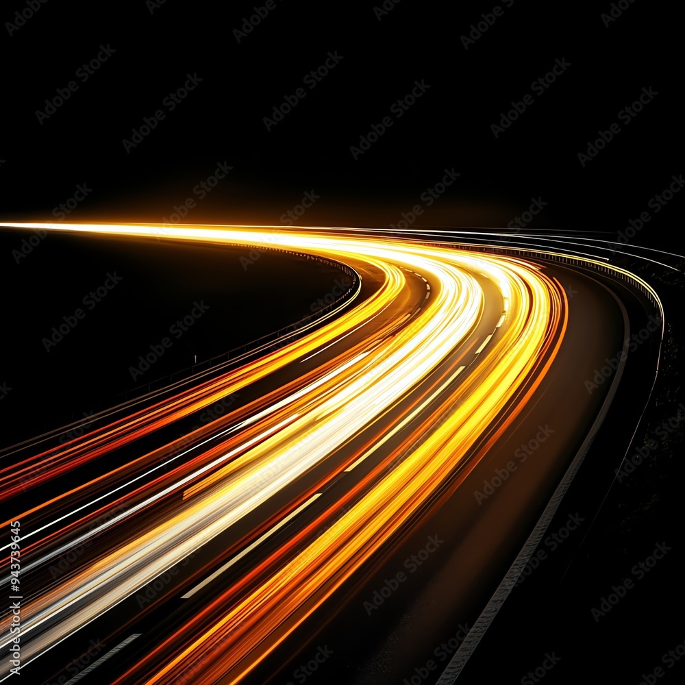 A highway at night with headlights streaking by, dynamic and fastpaced, modern photography style, isolated on white background A highway at night with headlights streaking by, dynamic and fastpaced, modern photography style, isolated on white background