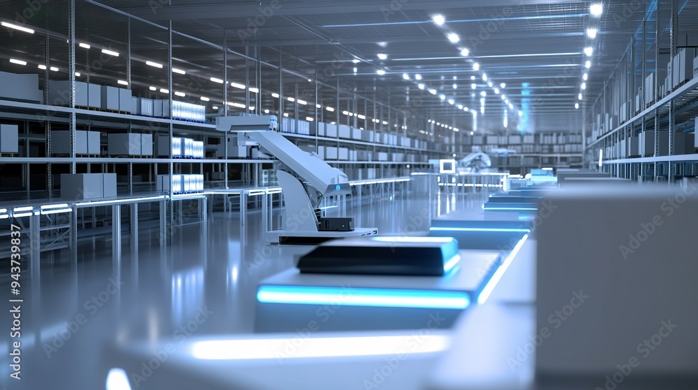 A modern automated warehouse with robotic arms and glowing workstations ...